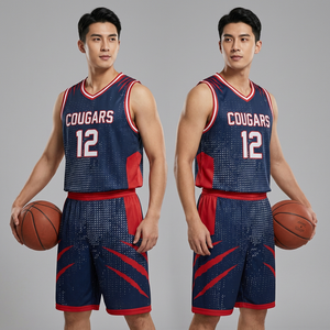 Conjunto de Camiseta de Baloncesto Cougars Sublimada, sin Mangas, Cuello en V, Malla Transpirable, Ajuste para Adultos, Rojo Marino 12 - Product Image 6