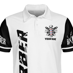 T-shirt personnalisé pour barbier, anti-plis, sublimé, logo personnalisé sur le devant, polyester, col en V, manches courtes, coupe classique, pour homme - Product Image 4