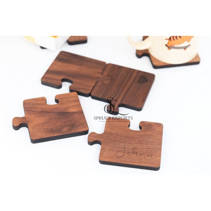 Puzzle Theme Wooden <b>Coaster</b> <b>Set</b>. Interlocking Walnut Wood Personalized Engraved Design Drink Mats For Creative Table Decor - Product Image 5