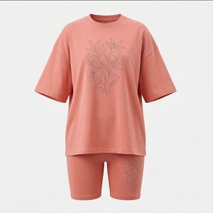 Women's 2 Piece Floral Print <b>Knitted</b> <b>Set</b> Short Sleeve T Shirt and Above Knee Shorts Casual Loose Fit Spring Summer Wear - Product Image 1
