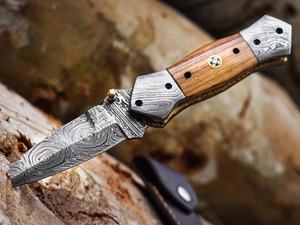 Couteau de chasse tactique en acier Damas, couteau de survie d'extérieur de qualité industrielle 58HRC, lame pleine longueur, pointe tombante, couteau pliant OEM - Product Image 3