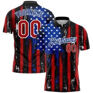 Polo de golf de performance personnalisé noir et rouge-royal 3D effet vieilli avec drapeau américain, le plus vendu de notre gamme directe pour les grossistes - Product Image 1