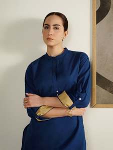 Vestido Midi Azul con Cuello Mandarín, Manga Larga, Corte Holgado, Uso Diario Informal, 100% Algodón Tejido, Transpirable, Color Sólido - Product Image 2