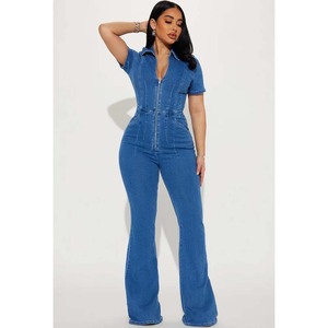 Combinaison en jean taille haute pour femme, manches courtes, col polo, dos nu, coupe droite, longueur intégrale, printemps-été, style streetwear - Product Image 6