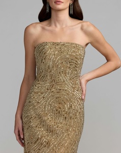 Vestido de Noche Dorado sin Tirantes con Cuentas, Hecho a Mano, Estilo Tubo, Maxi, Línea A, de Satén Antiarrugas, Elegante, Floral, con Cintura Natural, para Fiesta - Product Image 1