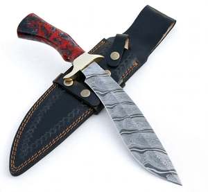 Couteau utilitaire courbé en acier Damas fait main, manche en bois de résine rouge, lame fixe, outil de collection - Product Image 1