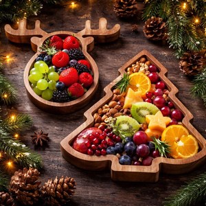 Plato de madera navideño con forma de reno y árbol para servir frutas, nueces y aperitivos en fiestas, bandeja para almacenar dulces, frutas y nueces. - Product Image 1