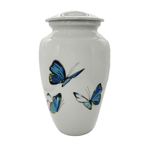 Urna de Aluminio Blanca con Diseño de Mariposa Azul para Cenizas de Adultos, Urna Funeraria Conmemorativa, Hermosa Urna de Aluminio de Tamaño Completo - Product Image 1