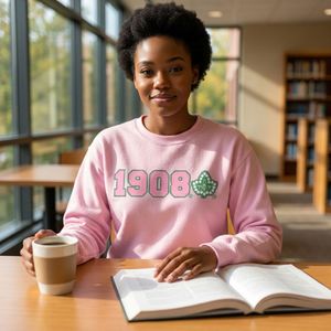 Sudadera AKA Light Pink 1908 Ivy con cuello redondo, gráfico verde y rosa, de forro polar, unisex, para hermandades griegas, OEM ODM - Product Image 6