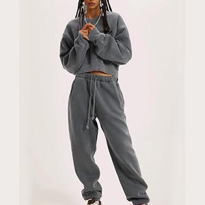 Oversized Gray Cotton Fleece <b>Pullover</b> Sweatshirt Unisex O-Neck Regular Fit Autumn Solid Color Knitted Breathable Sweatshirt Set - Product Image 5