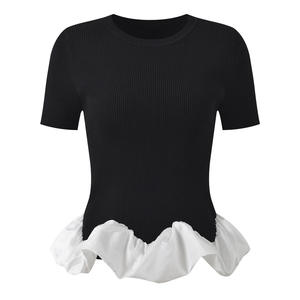 2026 Summer Eco-Friendly Logo Print Petal Hem Loose Fit Knit T-shirt <b>Top</b> Daily Casual Outfit for Fashion Women - Product Image 1