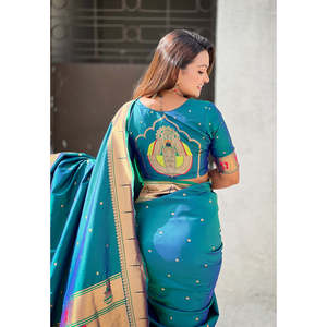 Sari de Seda Paithani Tejido con Zari Verde, 650g, Tejidos de Primera Calidad, Ropa India y Pakistaní en Stock - Product Image 3