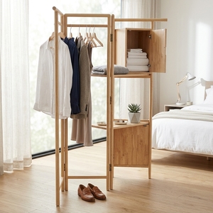 Foldable Teak Standing Coat Hanger Multi <b>Shelf</b> Wooden Clothes Rack Garment Organizer <b>Bedroom</b> Home Decor Storage Rack - Product Image 5