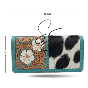 Long Women <b>Tooled</b> Wallet Genuine <b>Leather</b> Hair On Hide Open Closure Card Sleeve Slim Wallet Cowgirl Western Turquoise Purse - Product Image 3