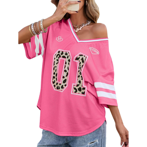 Women V Neck Mesh T-Shirt Short Sleeve Leopard Print Number 01 Breathable Loose Fit Sporty Style Spring Summer Wear - Product Image 2