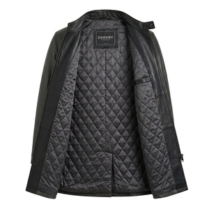 Manteau trench en cuir véritable pour homme noir, rayures verticales grises personnalisées, col à boutons-pression, long manteau d'extérieur, fabricant direct - Product Image 5