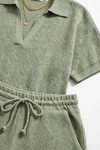 <b>Women's</b> <b>2</b> <b>Piece</b> Knit Shorts Set Short Sleeve Turn Down Collar Top Lace Up Casual Summer <b>Outfit</b> - Product Image 6