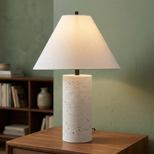 Lámpara de mesa de lujo de piedra travertino con base cilíndrica texturizada, pantalla de tela, iluminación ambiental suave para decoración moderna del hogar. - Product Image 1