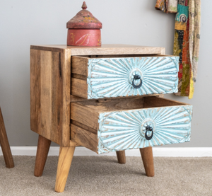 Table de chevet en bois à 2 tiroirs, design bleu sculpté, style mid-century moderne, meuble de chambre fait main - Product Image 3