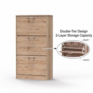 Meuble à chaussures moderne 2525 en bois à 3 tiroirs, fin, avec rangement double niveau inclinable et rabattable, pour entrée, salon, salle de sport - Product Image 1