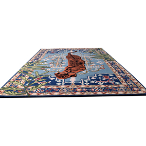 Tapis en laine tufté à la main, motif tigre du Bengale exotique, médaillon persan, bordure florale orientale vintage, bleu clair - Product Image 5