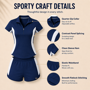 Women's Navy <b>White</b> Color Block Sporty <b>2</b> <b>Piece</b> <b>Set</b> Short Sleeve Half Zip Polo Shirt & Shorts Athletic Outfit Custom Made - Product Image 4