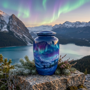 Blue Aluminum Cremation Urn Ashes <b>Memorial</b> <b>Keepsake</b> Vase Aurora Mountain Design for Adult Burial Decoration - Product Image 2