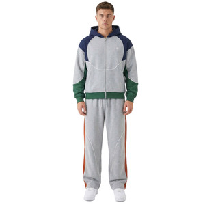 Sudadera con capucha de forro polar grueso con diseño de paneles y bloques de color, cremallera completa y detalles de ribete modernos, estilo OEM de fábrica, para hombre, conjunto de jogger de ropa urbana. - Product Image 1