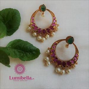 Kemp Gold Plated Drop Earrings with White Pearls-Vintage Ethnic Flower Design for Wedding India - Product Image 1