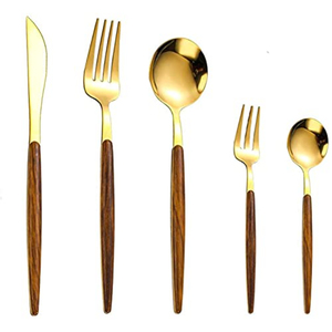 ชุดช้อนส้อมมีดสแตนเลสสตีลสีทองขัดเงาพร้อมด้ามไม้หรูหรา ลดราคา - Product Image 1