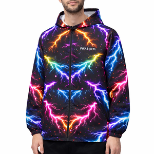 Veste à capuche zippée pour homme, imprimé néon éclair intégral, style streetwear Y2K, légère, fournisseur OEM en gros pour les acheteurs américains, vestes pour hommes - Product Image 1