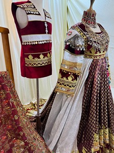 Luxurious <b>Red</b> <b>Velvet</b> Embroidered Maxi Dress With Jewel Neck Three Quarter Sleeves Hand Embroidery Beading A-Line Formal - Product Image 1