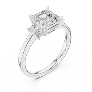 Anillo de Compromiso de Diamantes Cultivados en Laboratorio con Corte Asscher y Esmeralda de Tres Piedras, Clásico y de Buena Calidad, Elaborado en Oro Blanco Sólido de 14K - Product Image 4