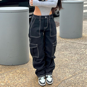 Casual Wholesale OEM Best Selling Regular Fit Straight Winter 100% Cotton Streetwear <b>Elastic</b> <b>Waist</b> Women Casual Cargo <b>Jeans</b> - Product Image 4