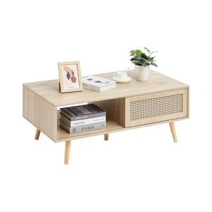 Tavolino da Caffè in Rattan Stile Mid-Century Moderno 42 Pollici, Design Boho a Due Livelli, Rettangolare in MDF con Vano Portaoggetti - Product Image 1