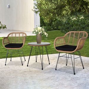 Set da Patio Oshion in 3 Pezzi, Giallo Lino, in Vimini e Rattan con Tavolo in Vetro Temperato, Set da Conversazione per Giardino Esterno - Product Image 4