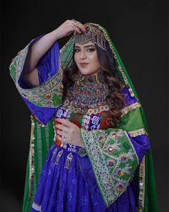 Afghani <b>Dress</b> Women Traditional Embroidered Purple Green Floor Length Ball Gown Choker Neck Full Sleeve Elegant <b>Formal</b> Wear - Product Image 4