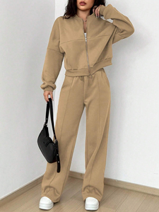 Ensemble de survêtement personnalisé pour femme en polaire kaki, veste zippée à col montant et pantalon à jambes larges avec plis décoratifs, deux pièces, vente en gros OEM - Product Image 3