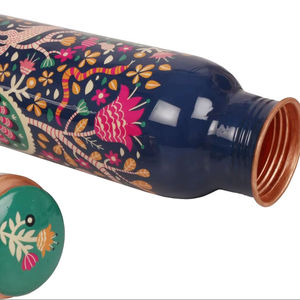 Bouteille d'eau en cuivre imprimée bleue, motif animalier forestier et floral, bouteille ayurvédique réutilisable, cadeau de voyage - Product Image 1