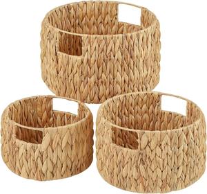 Ensemble de 3 paniers ronds en jacinthe d'eau tressés à la main avec poignées, paniers de rangement faits à la main, vente en gros, écologiques, fabriqués au Vietnam - Product Image 1