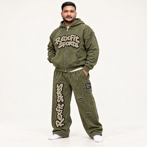 Custom Unisex <b>Zip</b> <b>Up</b> <b>Hoodie</b> and Wide Leg Sweatpants Set with Applique Embroidery Distressed Details and Custom Label - Product Image 2
