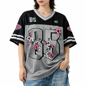 Maillot de football américain tendance pour homme, col en V en maille, imprimé floral, numéro, coupe oversize, streetwear, personnalisable, fabricant OEM en gros, USA - Product Image 2