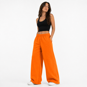 Women Fleece Wide Leg <b>Pants</b> Mid Waist <b>Loose</b> Fit Flat Front Casual Full Length Sweatpants with Pockets Winter Orange - Product Image 5