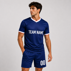 Maillot de football bleu pour homme, col en V, manches courtes, personnalisable avec le nom de l'équipe, ensemble uniforme en polyester anti-humidité avec poches - Product Image 2