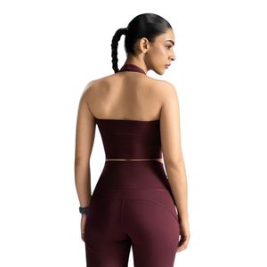 Soutien-gorge de sport halter pour femme bordeaux, sans manches, coupe courte, ajusté et extensible, idéal pour la gym, le yoga, la course et l'entraînement - Product Image 5