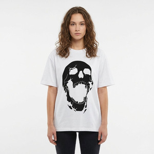 Men's White Short Sleeve T-Shirt With <b>Black</b> Skull Print O-Neck Casual Regular Fit Jersey Cotton Breathable Design - Product Image 2