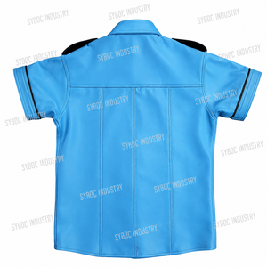 Sky Blue Burgundy Olive Leather <b>Shirt</b> Short Sleeve <b>Epaulet</b> Black Yellow White Trim Snap Button Mens Lambskin Top - Product Image 4