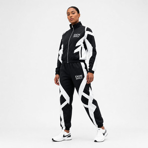 Ekin Impex Men's Black <b>White</b> Geometric Tracksuit Set Full Zip Jacket <b>Jogger</b> Pants Wear Sporty Autumn Knitted Polyester - Product Image 3