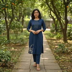 Cotton Embroidered Kurta With <b>Three</b> Quarter Sleeves Crew Neck Loose Fit Casual Daily Wear - Product Image 2