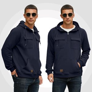 Prix d'usine – Nouveau sweat à capuche décontracté pour homme, respirant, avec demi-fermeture éclair, poche kangourou, en mélange de coton – Vente en gros - Product Image 5